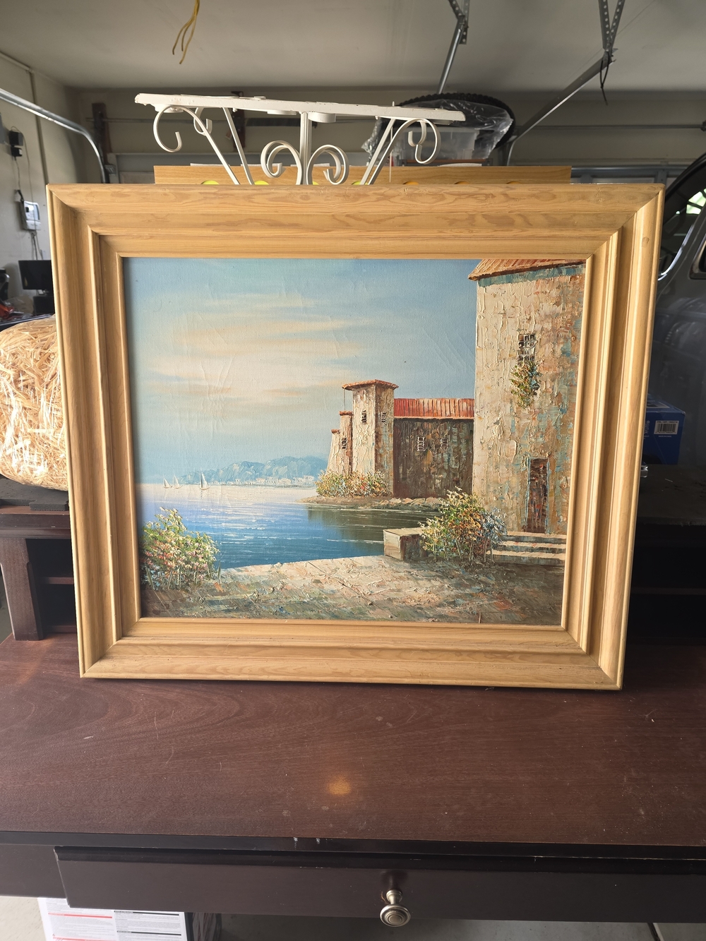 Coastal Village Oil Painting Wall Art - Blue and Tan